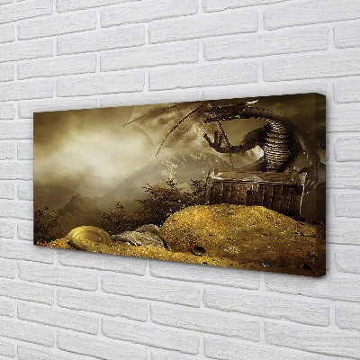 Schilderij canvas Dragon mountains gold clouds