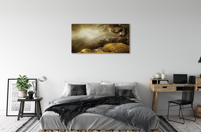 Schilderij canvas Dragon mountains gold clouds