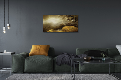 Schilderij canvas Dragon mountains gold clouds