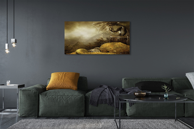 Schilderij canvas Dragon mountains gold clouds