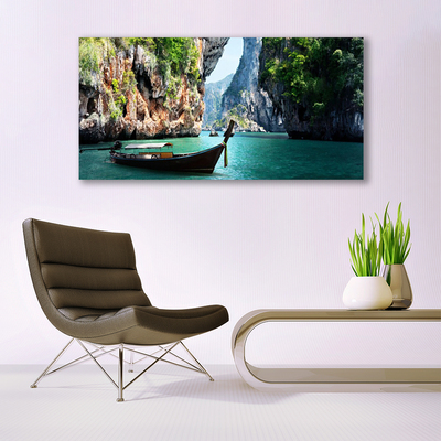 Canvas foto Rocks boat lake landscape