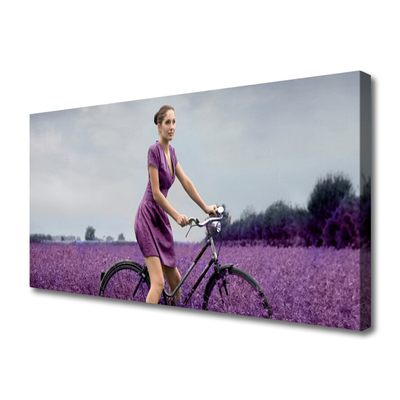 Print op doek Vrouw bicycle man meadow