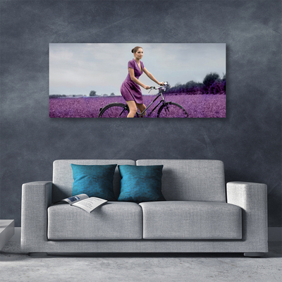 Print op doek Vrouw bicycle man meadow
