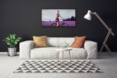 Print op doek Vrouw bicycle man meadow