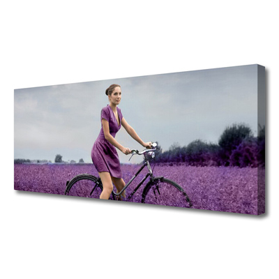 Print op doek Vrouw bicycle man meadow