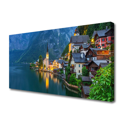 Canvas doek foto Mountain lake town 's nachts