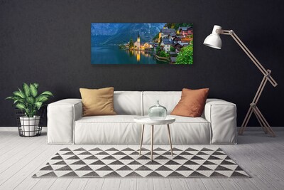 Canvas doek foto Mountain lake town 's nachts