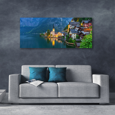 Canvas doek foto Mountain lake town 's nachts