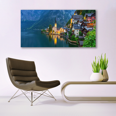 Canvas doek foto Mountain lake town 's nachts