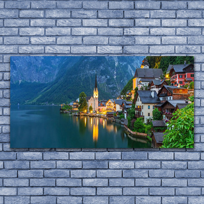 Canvas doek foto Mountain lake town 's nachts