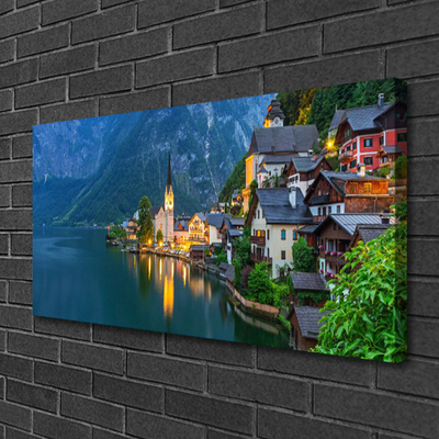 Canvas doek foto Mountain lake town 's nachts