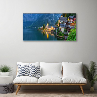 Canvas doek foto Mountain lake town 's nachts