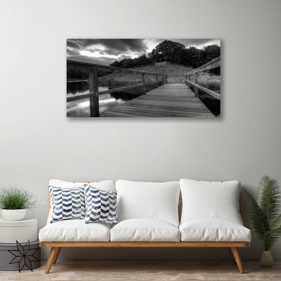 Canvas doek foto Pier black and white lake