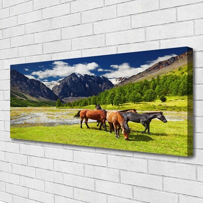 Foto op canvas Bergen bomen paarden dieren