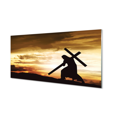 Glas schilderij Jesus cross sunset