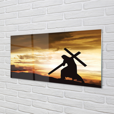 Glas schilderij Jesus cross sunset