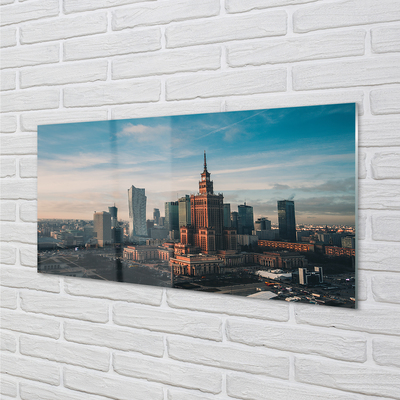 Foto op glas Warschau wolkenkrabbers panorama zonsopgang