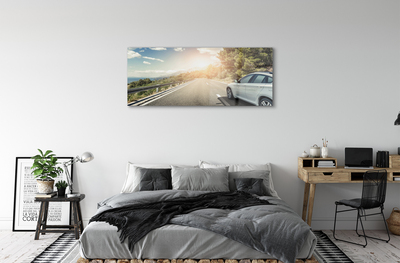 Schilderij op glas Bergen wolken auto-wegbomen