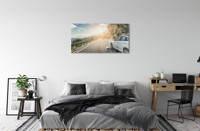 Schilderij op glas Bergen wolken auto-wegbomen