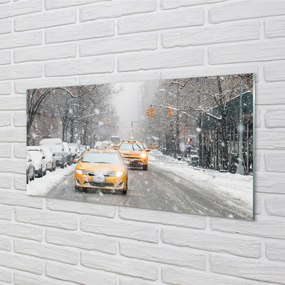 Schilderij op glas Winter cars snow city