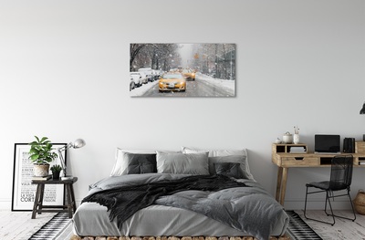 Schilderij op glas Winter cars snow city