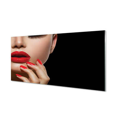 Schilderij op glas Vrouw met rode lippen en spijkers