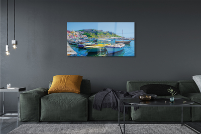 Schilderij op glas Bergen zee schepen