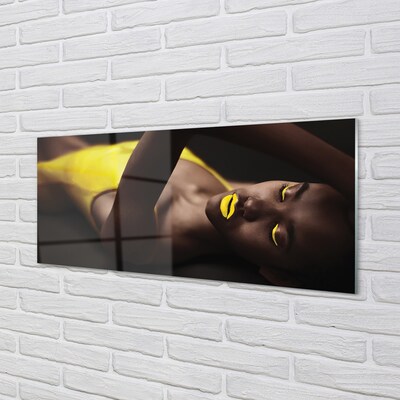 Schilderij op glas Een vrouw met een gele mond