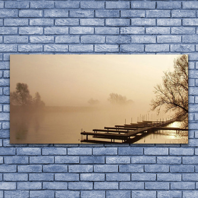 Foto op glas Bridge water fog landschap