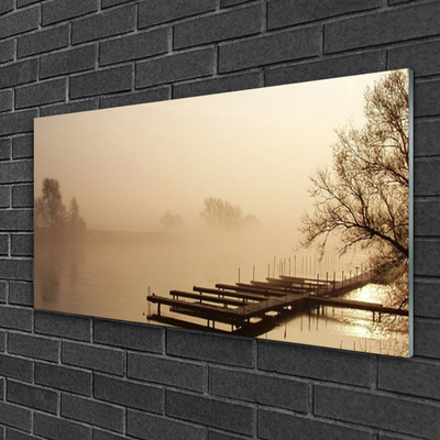 Foto op glas Bridge water fog landschap