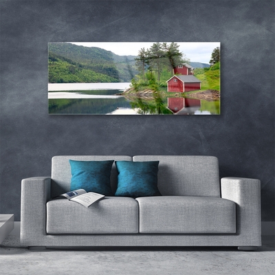 Glas schilderij Mountain house lake landscape