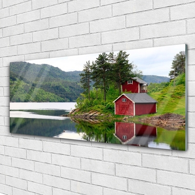 Glas schilderij Mountain house lake landscape