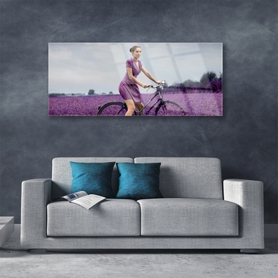 Foto in glas Vrouw bicycle man meadow