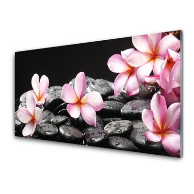 Foto in glas Plumeria bloem op de muur