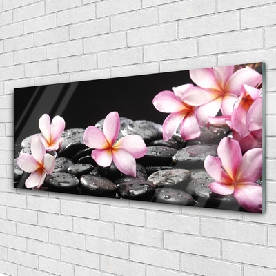 Foto in glas Plumeria bloem op de muur