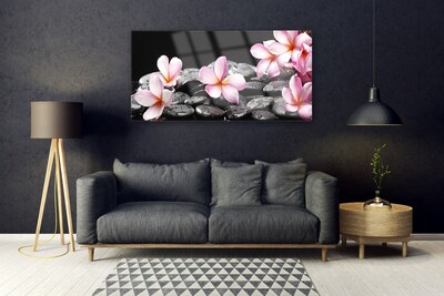 Foto in glas Plumeria bloem op de muur