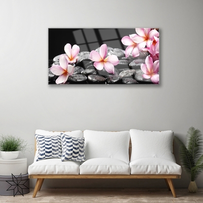 Foto in glas Plumeria bloem op de muur