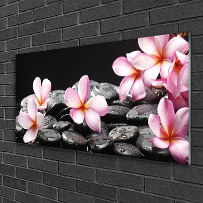 Foto in glas Plumeria bloem op de muur