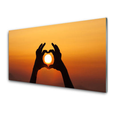 Foto schilderij op glas Handen van het hart liefde de zon