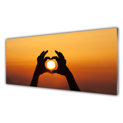 Foto schilderij op glas Handen van het hart liefde de zon