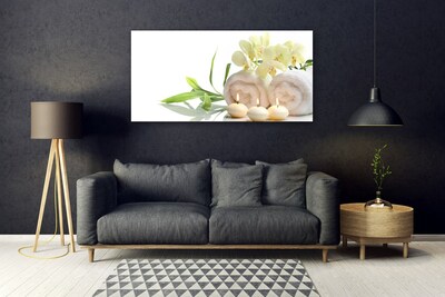 Foto schilderij op glas Spa handdoeken kaarsen orchidee