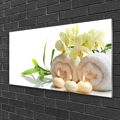 Foto schilderij op glas Spa handdoeken kaarsen orchidee