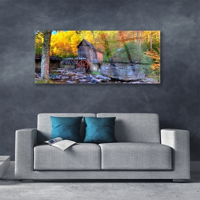 Foto schilderij op glas Watermill bos van de herfst