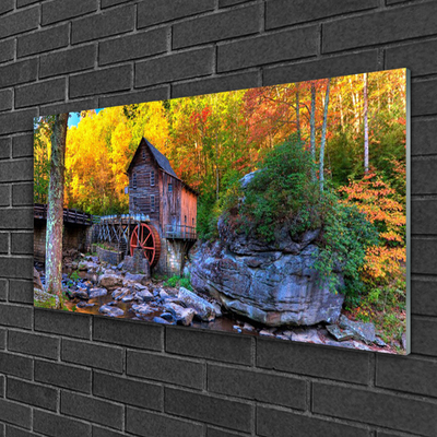 Foto schilderij op glas Watermill bos van de herfst