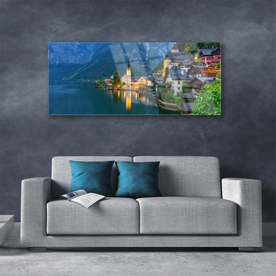 Foto schilderij op glas Mountain lake town 's nachts