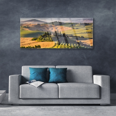Foto schilderij op glas Upland landschap meadow cottage