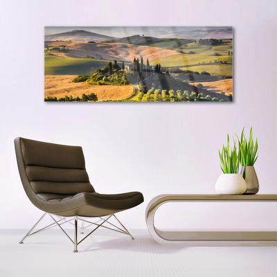 Foto schilderij op glas Upland landschap meadow cottage