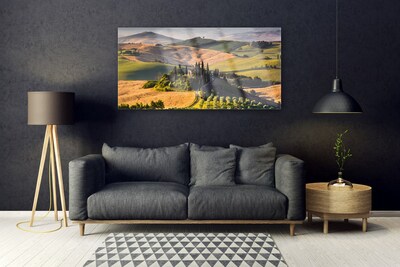 Foto schilderij op glas Upland landschap meadow cottage