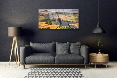 Foto schilderij op glas Upland landschap meadow cottage