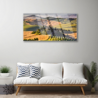 Foto schilderij op glas Upland landschap meadow cottage